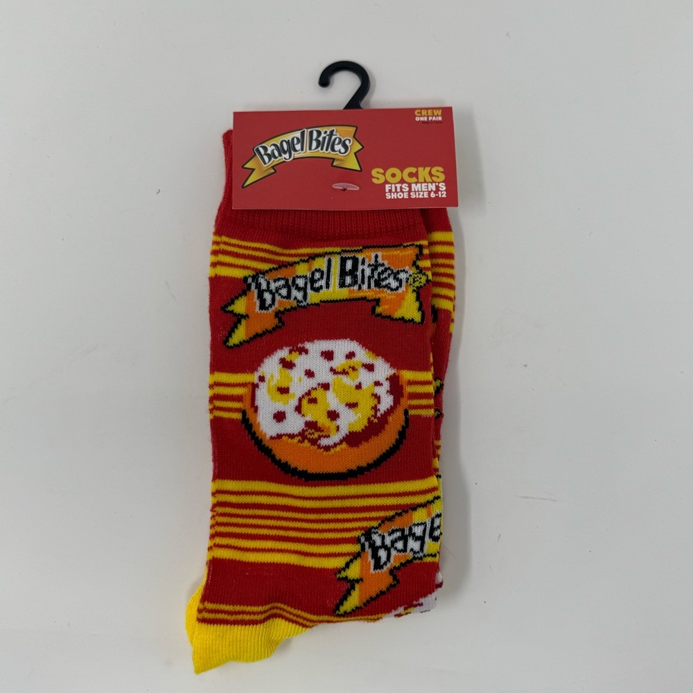 Men's Novelty “Bagel Bites” Red and Yellow Crew Socks